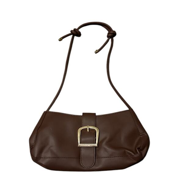 Micas Women's Small Coffee Brown Gold Faux Leather Belted Shoulder Bag - Picture 4 of 5